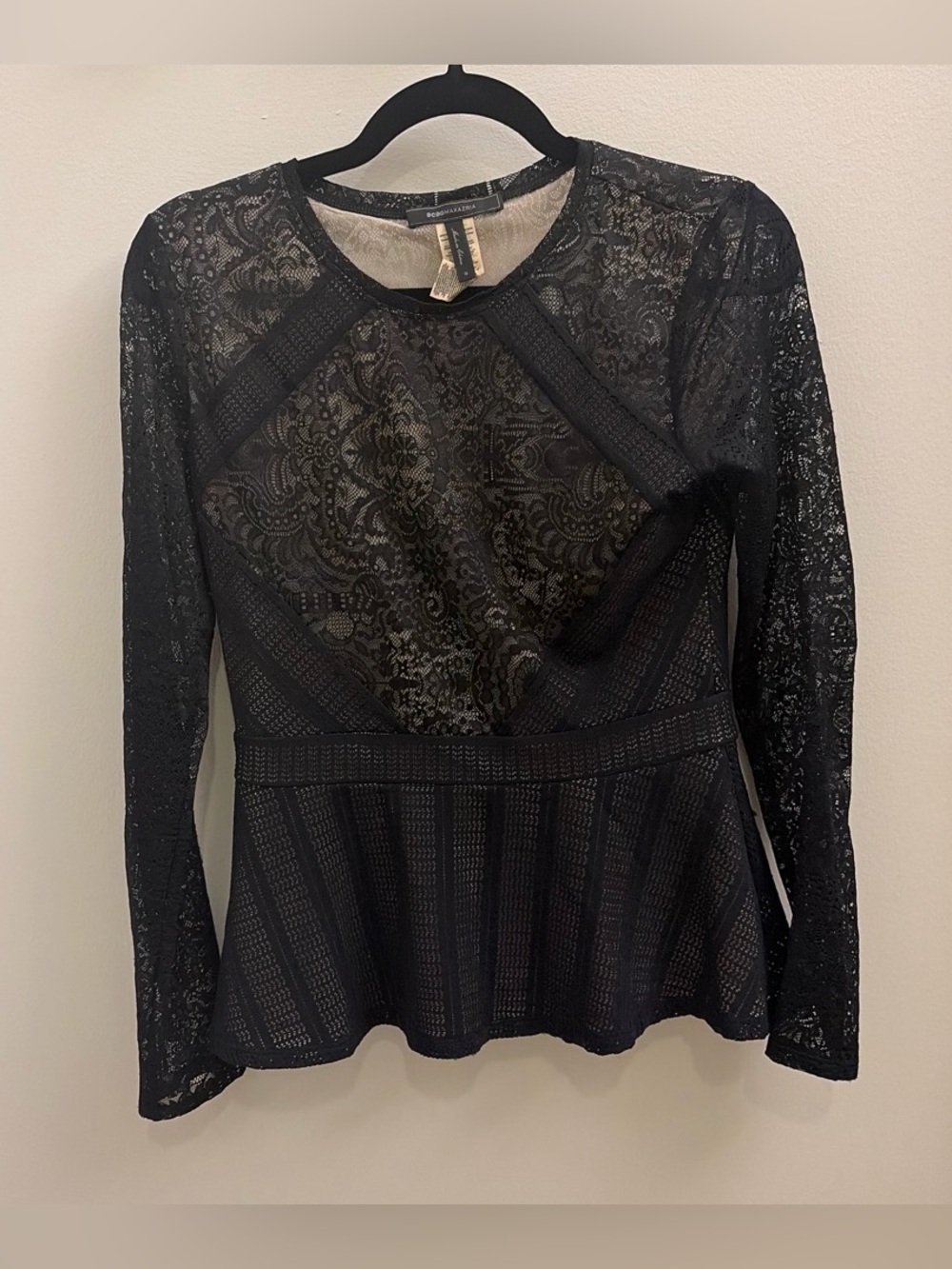 BCBG Black Lace Long Sleeve Peplum Blouse